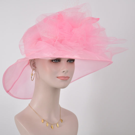 Medium Brim One Flower Pink for Church, Wedding, Tea Party, Kentucky Derby Hat Medium Brim Organza Hat