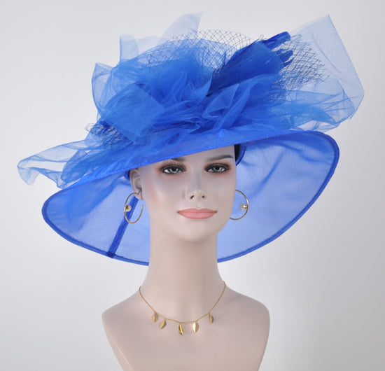 Medium Brim One Flower Royal Blue  for Church, Wedding, Tea Party, Kentucky Derby Hat Medium Brim Organza Hat