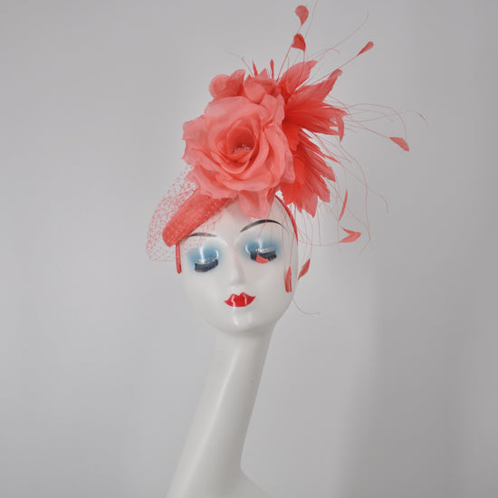 Coral Pink Sinamay w Jumbo Silk Flower Goose and Rooster Feather Flowers Fascinator Hat  Made On A Same Color Headband Kentucky Derby Hat