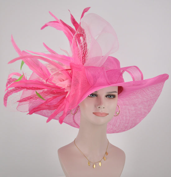 Hot Pink /Fuchsia/Pink/Green Jumbo Bow and Feather Flowers Kentucky Derby Hat,  Tea Party Hat Wide Brim Sinamay Hat