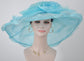7" Wide Brim One Flower   for Church, Wedding, Tea Party, Kentucky Derby Hat Wide Brim Organza Hat Light Blue w White