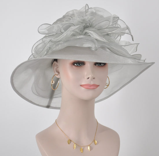 Medium Brim  One Flower Gray/ Silver  for Church, Wedding, Tea Party, Kentucky Derby Hat Medium Brim Organza Hat
