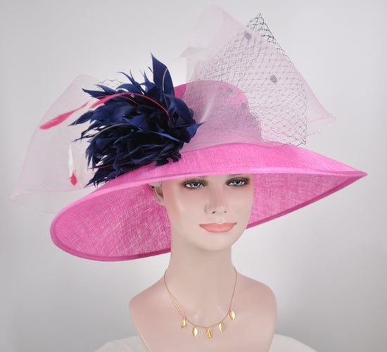 Church Kentucky Derby Hat Carriage Tea Party Wedding Wide Brim Hat in Solid Sinamay Hat Hot Pink w Navy Blue Pale Pink Jumbo Bows