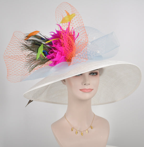 Church Kentucky Derby Hat Wide Brim Sinamay Hat   Carriage Tea Party Wedding  White with Colorful Feather Flower Peacock Feathers
