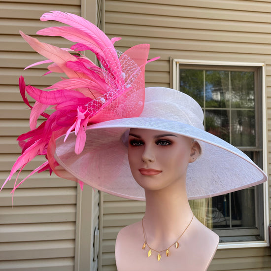 Church Kentucky Derby Hat Wide Brim Sinamay Hat  Carriage Tea Party Wedding  White w Pink Coral Pink Hot Pink Peach feather Flower