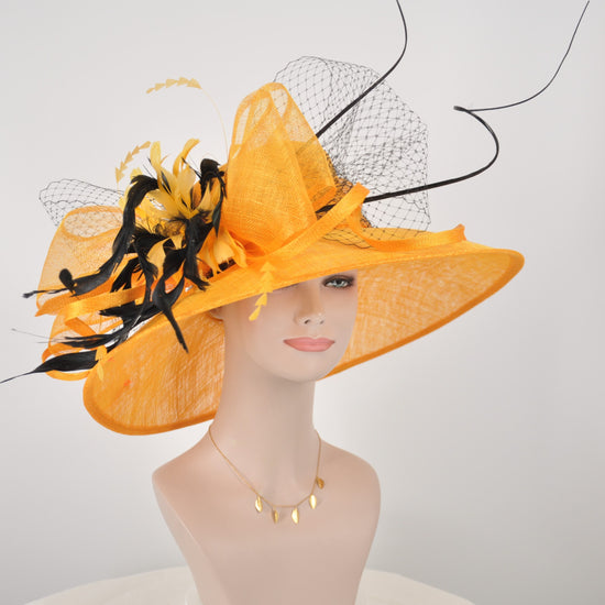 Church Kentucky Derby Hat Wide Brim Sinamay Hat Carriage Tea Party Wedding  With Jumbo Feather Flower Quills and  Bows Orange W Black
