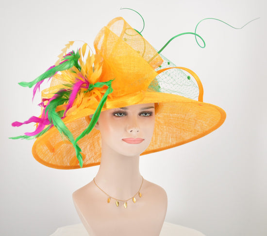 Church Kentucky Derby Hat Wide Brim Sinamay Hat Carriage Tea Party Wedding  W  Feather Flower Quills and  Bows Orange W Green  Hot Pink