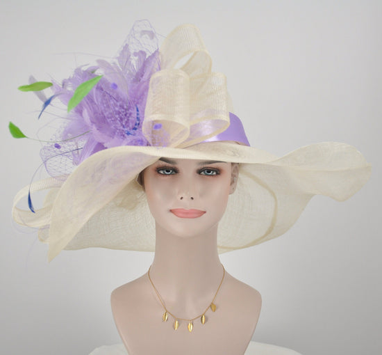 off White/ Ivory w  Lavender Feather Flower Kentucky Derby Hat, Church Hat, Wedding Hat, Easter Hat,  Wide Brim  Sinamay  Hat