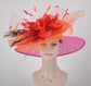 Church Kentucky Derby Hat Wide Brim Sinamay Hat Carriage Tea Party Wedding  Hot Pink w Orange Red Peacock Feathers