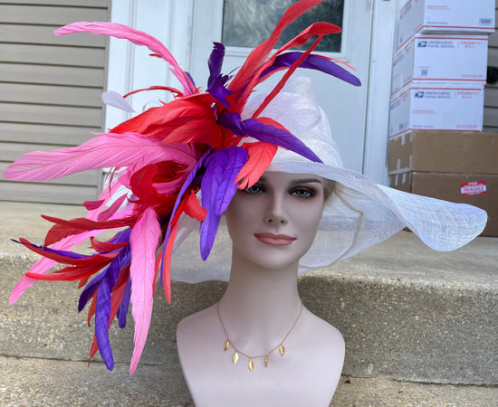 White w Red Purple Feathers Kentucky Derby Hat, Tea Party Hat