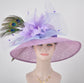 Church Kentucky Derby Hat Wide Brim Sinamay Hat Carriage Tea Party Wedding  Lilac Purple Lavender w Peacock and Pheasant Feathers