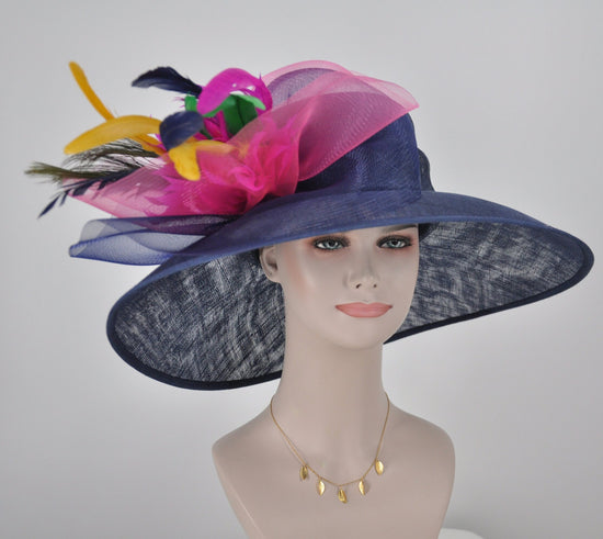 Navy Blue  w Hot Pink Yellow Green Feather Flowers  Peacock Feathers  Kentucky Derby Hat Tea Party Carriage Party   Wide Brim  Sinamay Hat