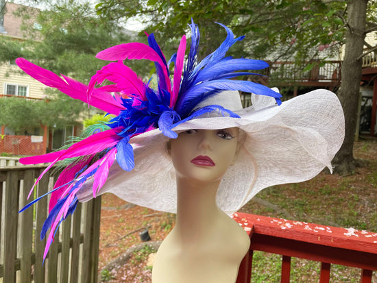 White w Royal Blue Hot Pink  Feathers   Kentucky Derby Hat,   Tea Party Hat Wide Brim  Sinamay  Hat
