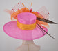 Church Kentucky Derby Hat Wide Brim Sinamay Hat Carriage Tea Party Wedding  Hot Pink w Orange Red Peacock Feathers