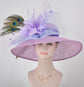 Church Kentucky Derby Hat Wide Brim Sinamay Hat Carriage Tea Party Wedding  Lilac Purple Lavender w Peacock and Pheasant Feathers