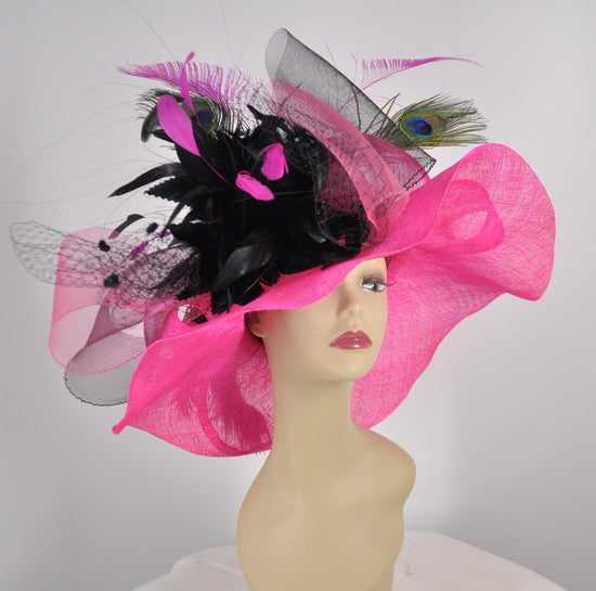 Hot Pink w Black Bow and Feather Flowers Kentucky Derby Hat,  Tea Party Hat Wide Brim  Sinamay  Hat