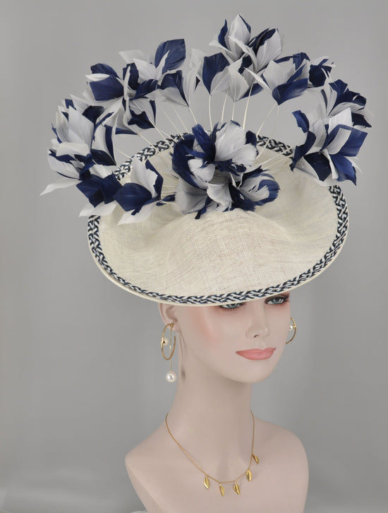 White W Navy Blue Sinamay Disc Fascinator Hat with  Jumbo Goose Feather Flower