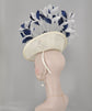 White W Navy Blue Sinamay Disc Fascinator Hat with  Jumbo Goose Feather Flower