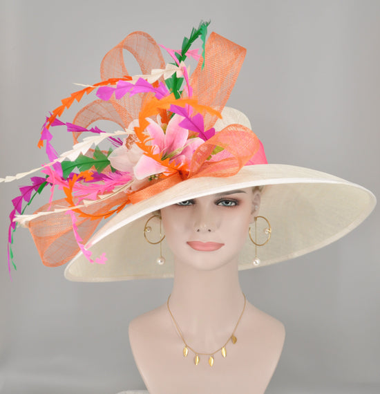 Church Kentucky Derby Hat Carriage Tea Party Wedding Wide Brim Sinamay Hat Off White /Orange Green Pink Hot Pink Lily Flower