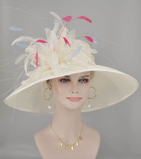 Church Kentucky Derby Hat Carriage Tea Party Wedding Wide Brim   Sinamay Hat Off White /Ivory w Hot Pink Powder Blue Feather Flower