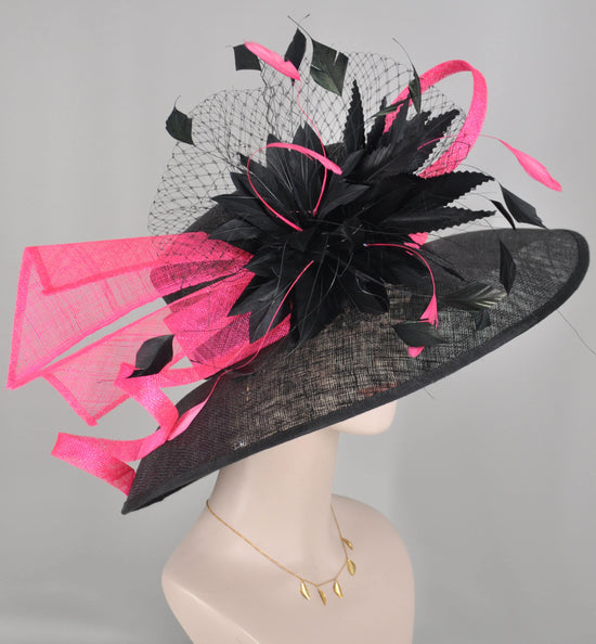 Black w Hot Pink  Kentucky Derby,Tea Party Carriage Party  Wide Brim  Sinamay Hat