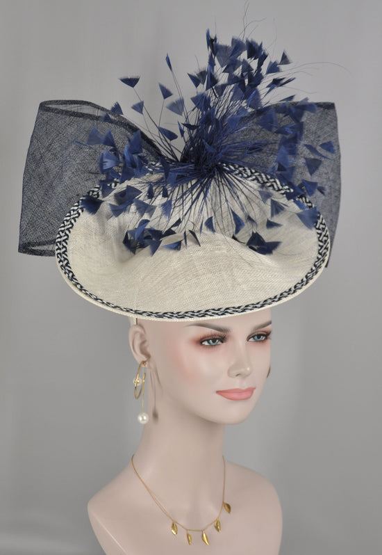 White W Navy Blue Sinamay Disc Fascinator Hat with  Jumbo  Feather Flower and Ribbon