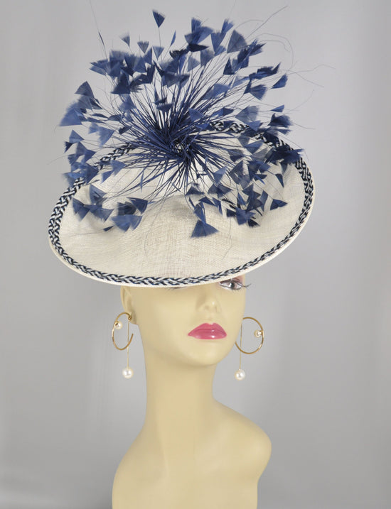 White W Navy Blue Sinamay Disc Fascinator Hat with  Jumbo  Feather Flower