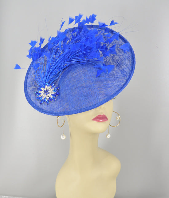 Royal  Blue Sinamay Fascinator Hat Kentucky Derby Hat Tea Wedding Party Hat with Jumbo  Feather Flower and Shinning Rhistone