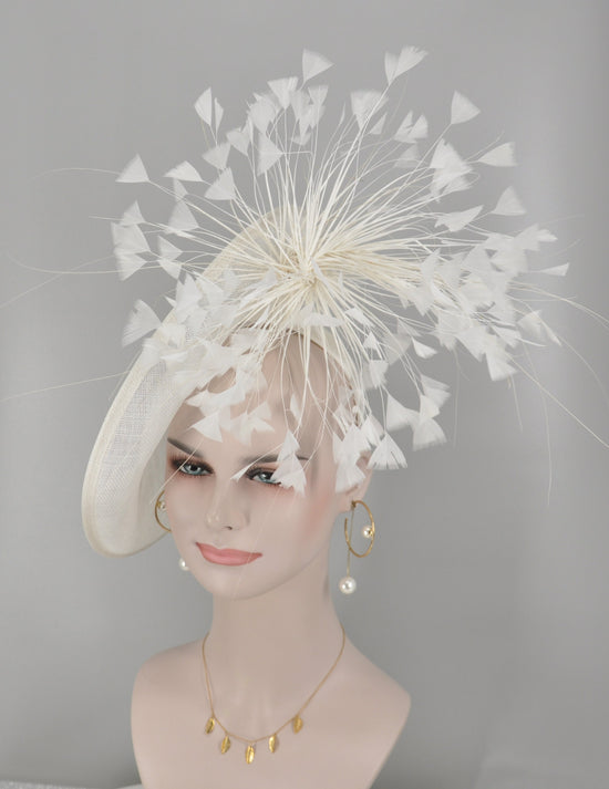 White Kentucky Derby Hat Sinamay Disc Fascinator Hat with  Jumbo Goose Feather Flowers  15 colors available