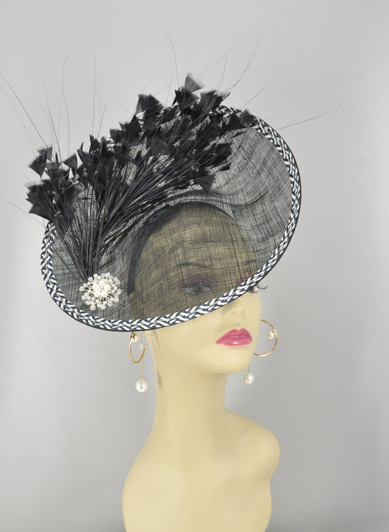 Black Sinamay Fascinator Hat Kentucky Derby Hat Tea Wedding Party Hat with Jumbo  Feather Flower and Shinning Rhistone