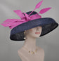 Audrey Hepburn Style Dome Hat Kentucky Derby Hat Tea Party Carriage Party  3 Layers  Wide Brim  Sinamay Hat Navy Blue w Hot Pink