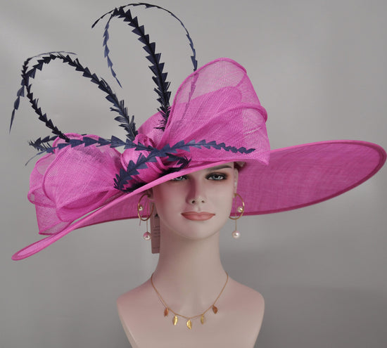 22089 Fuchsia/Hot Pink w Navy Blue  Royal Ascot Horse Race Oaks day hat Carriage Tea Party Wedding Kentucky Derby Hat Party Hat