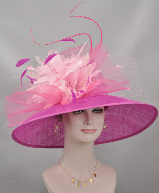 Church Kentucky Derby Hat Carriage Tea Party Wedding  Feather Flowers  Jumbo Bows and Ostrich  Quills Hot Pink /Fuchsia W Pink