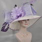 Church Kentucky Derby Hat Wide Brim Sinamay Hat Carriage Tea Party Wedding  White with Lavender Lilac Bows Peacock Feathers Pheasant Feather