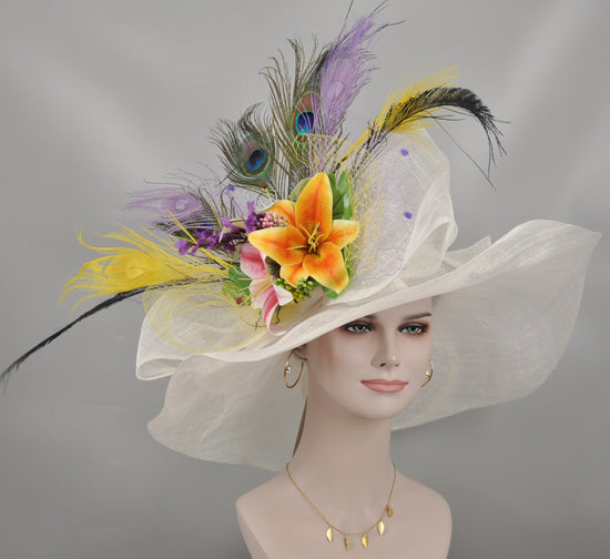 White Wide Brim Sinamay Hat Kentucky Derby Hat w Yellow lavender Green Purple  Lily Silk Flower Peacock Feathers  Wedding Hat, Easter Hat