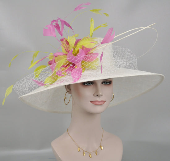Wide Brim Sinamay Hat Church Kentucky Derby Hat Carriage Tea Party Wedding HatRoyal Ascot Horse Race Oaks day hatWhite w Lime Green Hot Pink