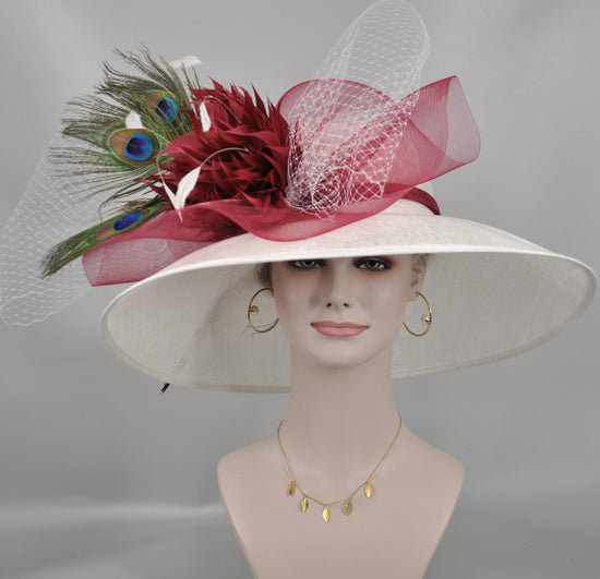 Church Kentucky Derby Hat Wide Brim Sinamay Hat  Carriage Tea Party Wedding  White with Burgundy Maroon Peacock Feathers