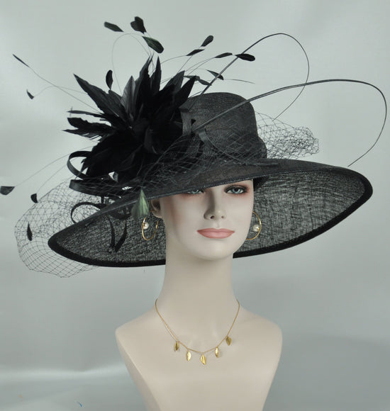 Black+Black Feather Flower( More color options) Wide Brim Sinamay Hat Kentucky Derby Hat Carriage Tea Party Wedding  Mother of bride hat