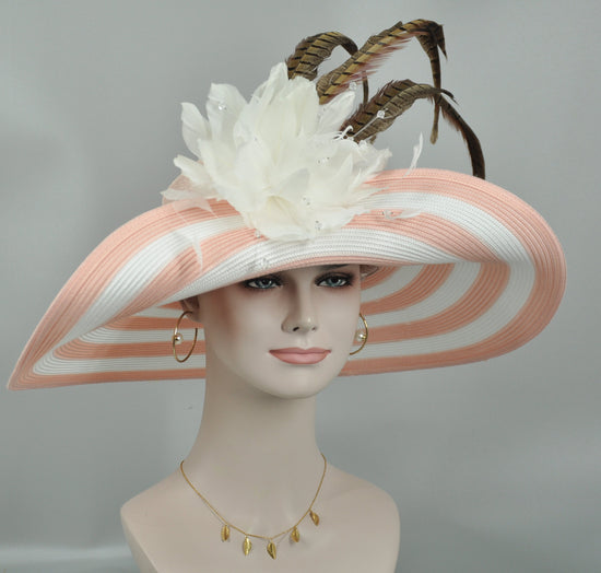 Blush Pink w White Feather Flowers Pheasant Feathers Kentucky Derby Hat, Tea Party Hat Wide Brim  Sinamay W Straw Hat