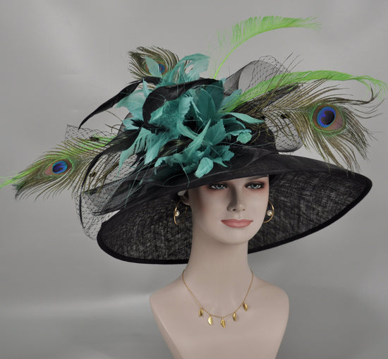 Black w Turquoise Feather Flowers  Peacock Feathers  Kentucky Derby Hat Tea Party Carriage Party  Royal AscotWide Brim  Sinamay Hat