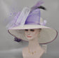 Church Kentucky Derby Hat Wide Brim Sinamay Hat Carriage Tea Party Wedding  White with Lavender Lilac Bows Peacock Feathers Pheasant Feather