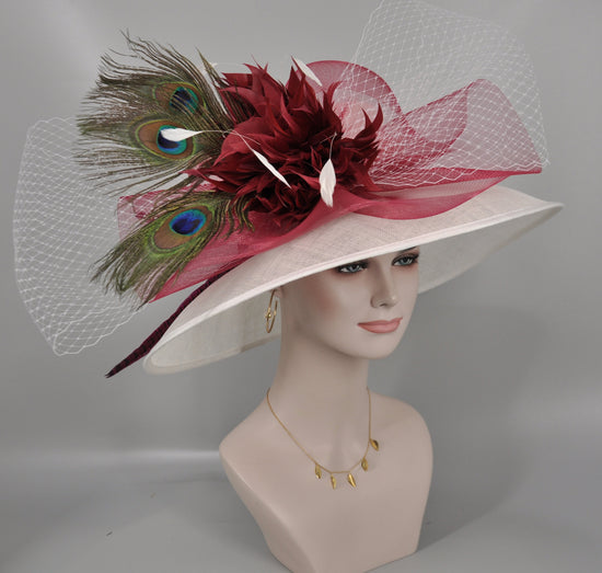 Church Kentucky Derby Hat Wide Brim Sinamay Hat  Carriage Tea Party Wedding  Off White /Ivory with Burgundy Maroon Peacock Feathers