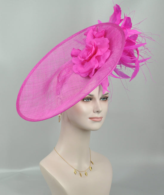 Hot pink Sinamay Disc Fascinator Hat with  Jumbo Silk and  Feather Flowers