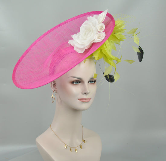 Hot Pink Sinamay Disc Fascinator Hat with  Jumbo Silk , Feather Flowers( More colors Options) For Kentucky Derby Wedding Tea Mother of Bride