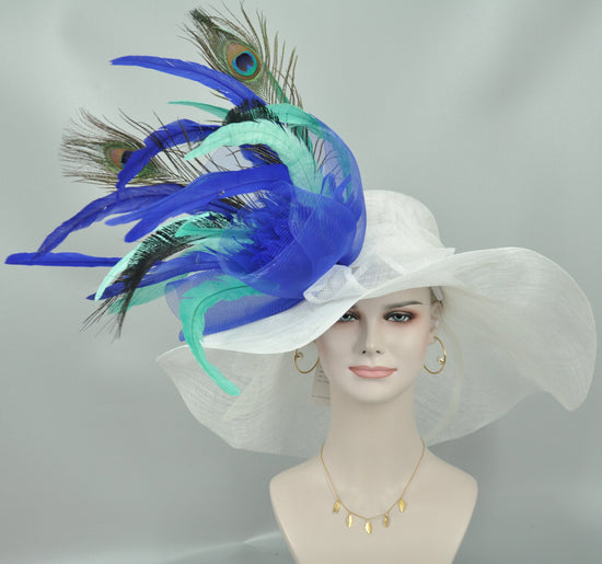 White Wide Brim Sinamay Hat Kentucky Derby Hat w Turquoise Royal Blue Feather Flower Peacock Feathers Kentucky Derby Wedding Hat, Easter Hat