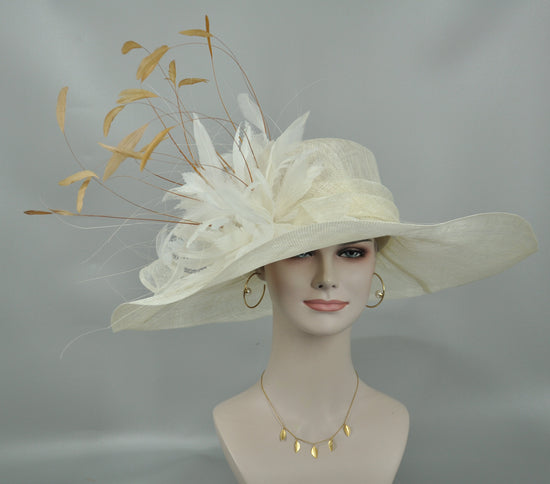 Ivory/Off White w Gold Feather Flower Kentucky Derby Hat, Church Hat, Wedding Hat, Easter , Tea Party  Wide Brim  Sinamay  Hat