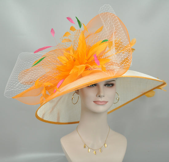 White w Orange Green Amazing Handmade Feather Flowers Decorations Church Kentucky Derby Hat  Carriage Tea Party Wedding Kentucky Derby Party