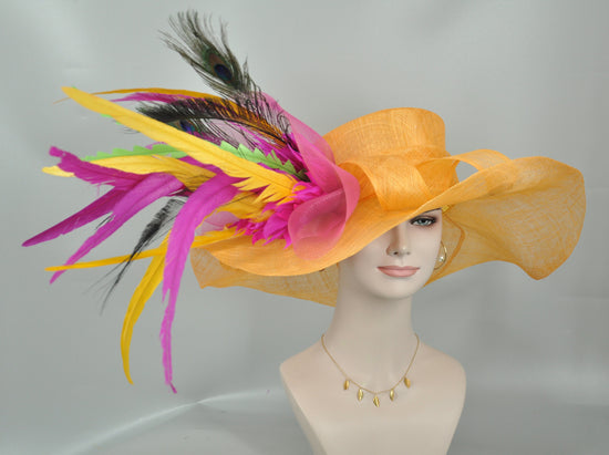 Orange Wide Brim Sinamay Hat Kentucky Derby Hat w Hot Pink Green Feather Flower Peacock Feathers Kentucky Derby Wedding Hat, Easter Hat