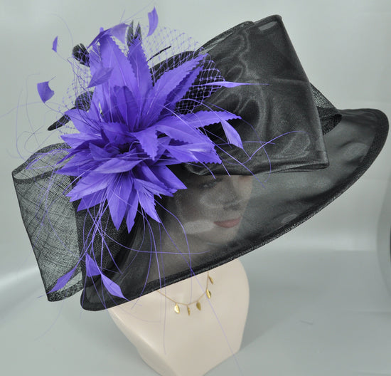 Black+Purple Feather Flower( More color options)  Kentucky Derby Hat Church,Wedding  Eastern Tea Party Hat Wide Brim Sinamay  Organza  Hat