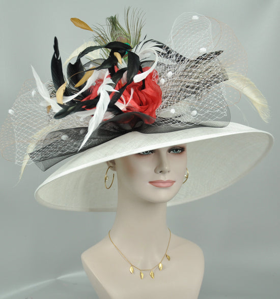 White w Red Silk Flowers  Peacock Feathers  Kentucky Derby,Tea Party Carriage Party  Royal AscotWide Brim  Sinamay Hat Black Gold